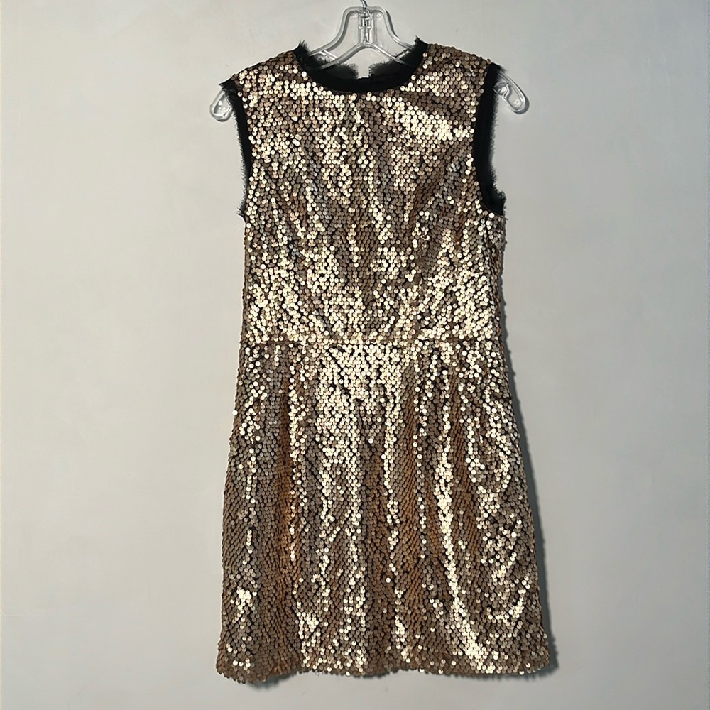 NANETTE LEPORE "Love Theme" Party Vegas Antique Gold Sequin Sleeveless Mini SZ 6